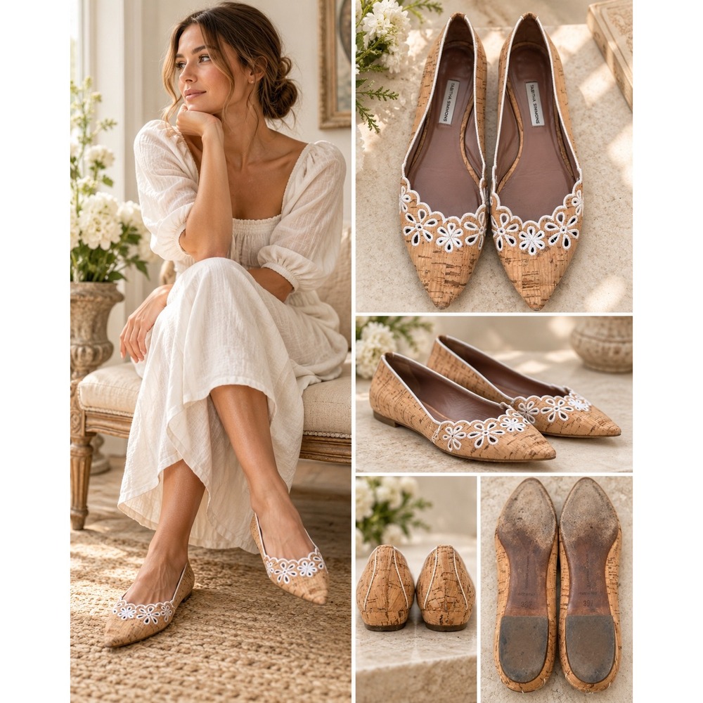 Tabitha Simmons Cork Pointed Toe Flats 38.5 Floral Eyelet Scalloped Made Italy